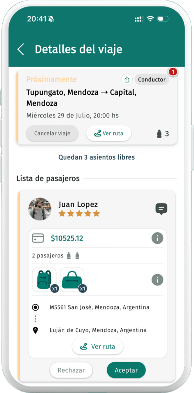 Pantalla con la lista de pasajeros y sus calificaciones para aceptar o rechazar solicitudes