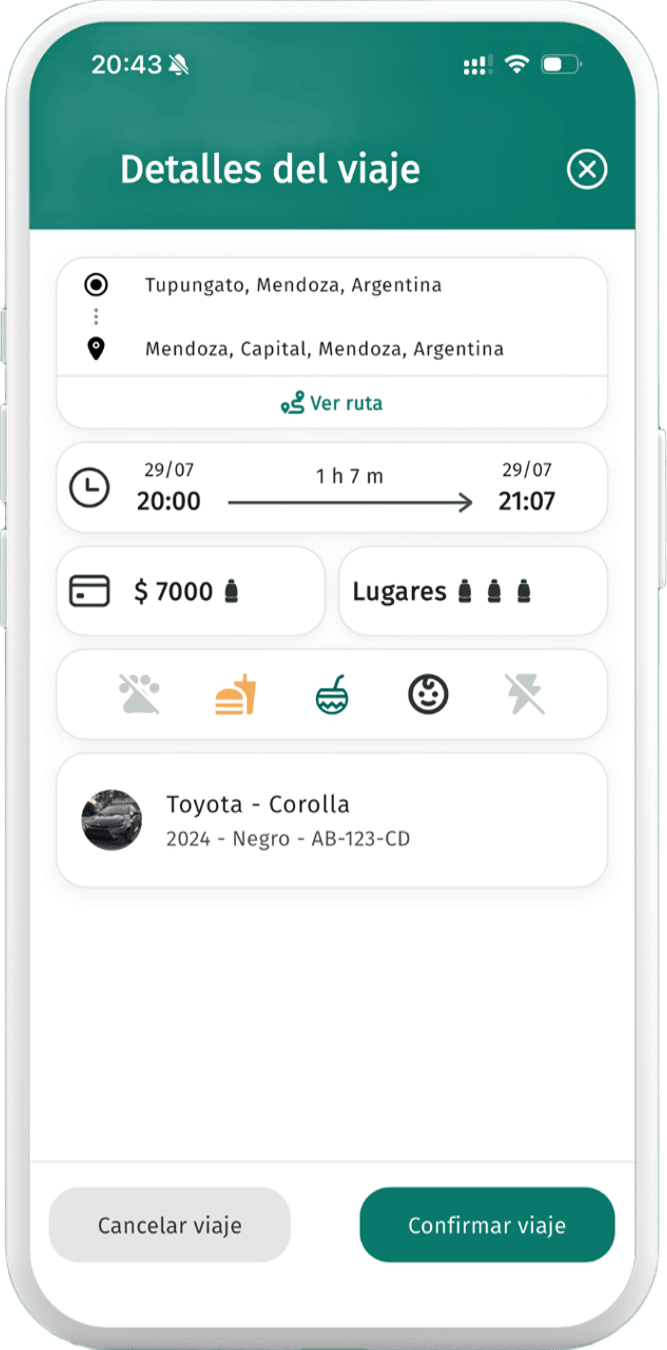 Pantalla de detalles del viaje en la app Camino Libre: ruta, horario, precio, lugares y preferencias