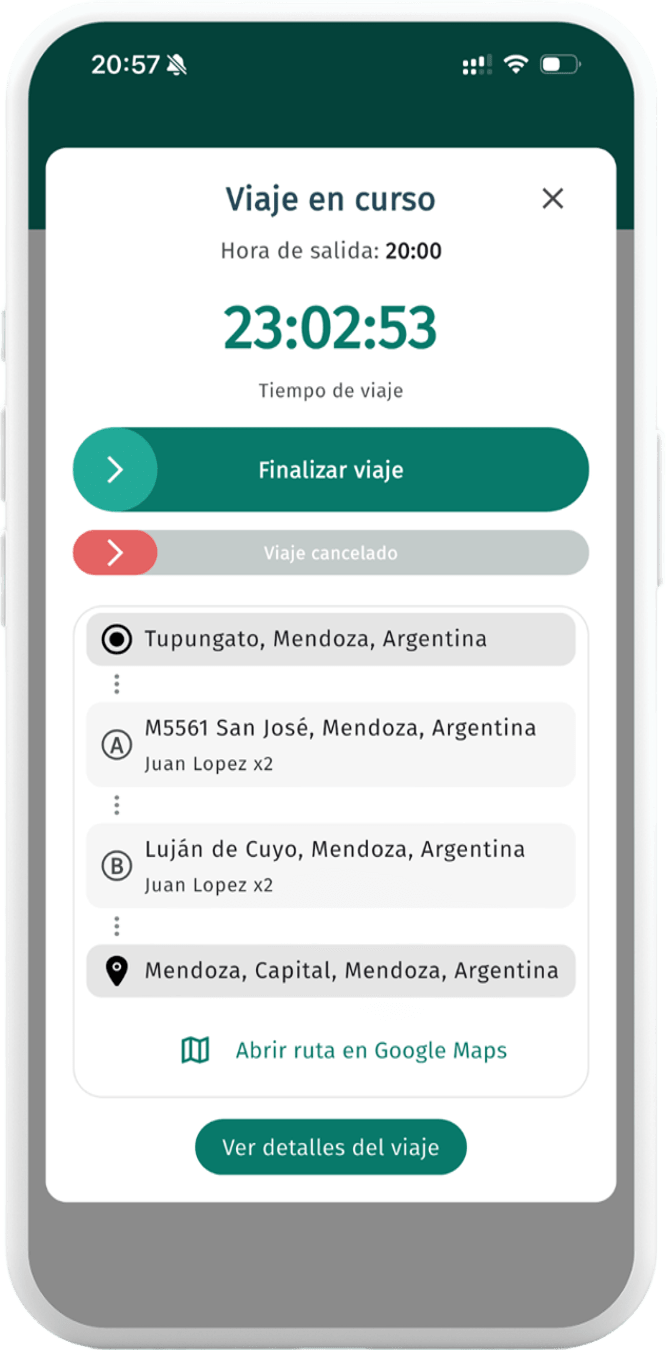 Pantalla de viaje en curso con el tiempo de viaje y las paradas de cada pasajero