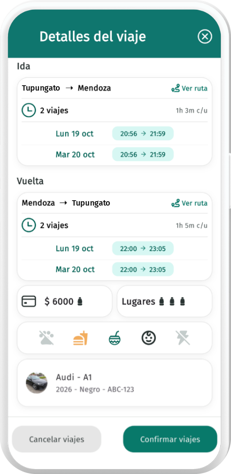 Pantalla para publicar viajes de ida y vuelta en la app Camino Libre: ruta, horarios, precio, lugares, preferencias y vehículo