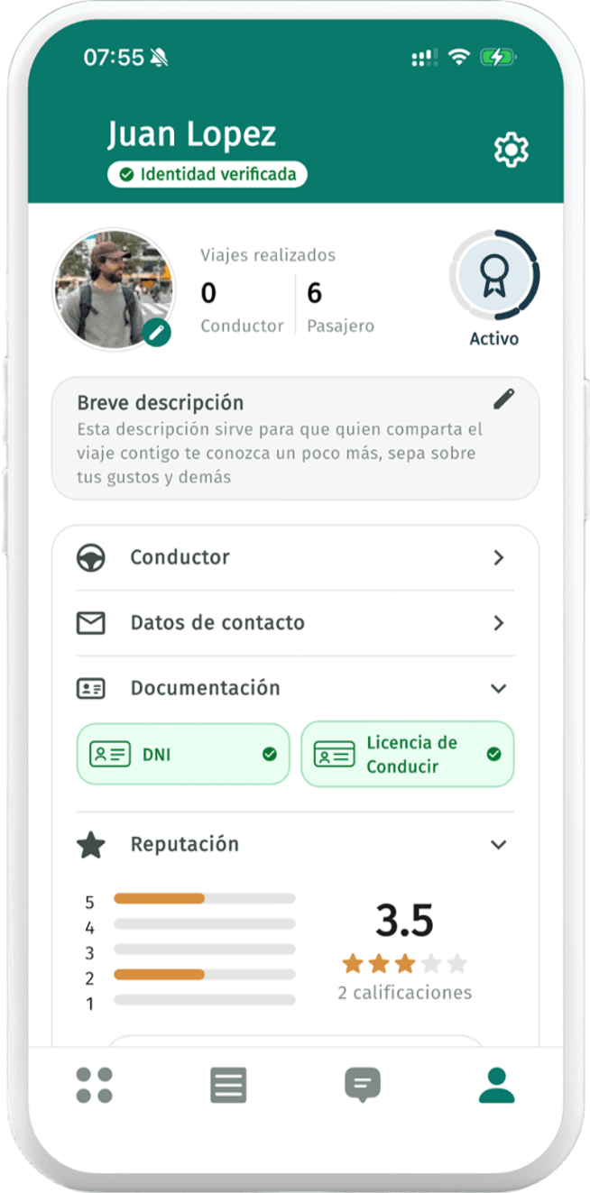 Perfil de un conductor con identidad verificada, documentación y reputación