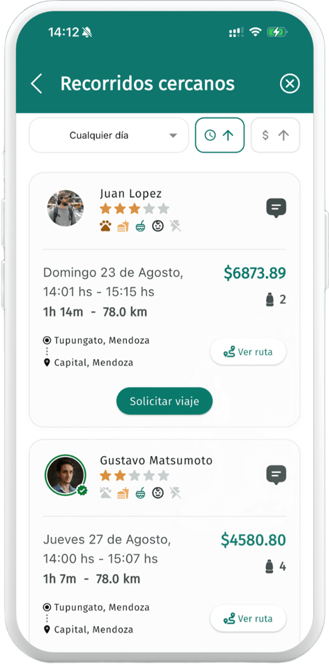 Pantalla de recorridos cercanos con los viajes disponibles para la ruta buscada
