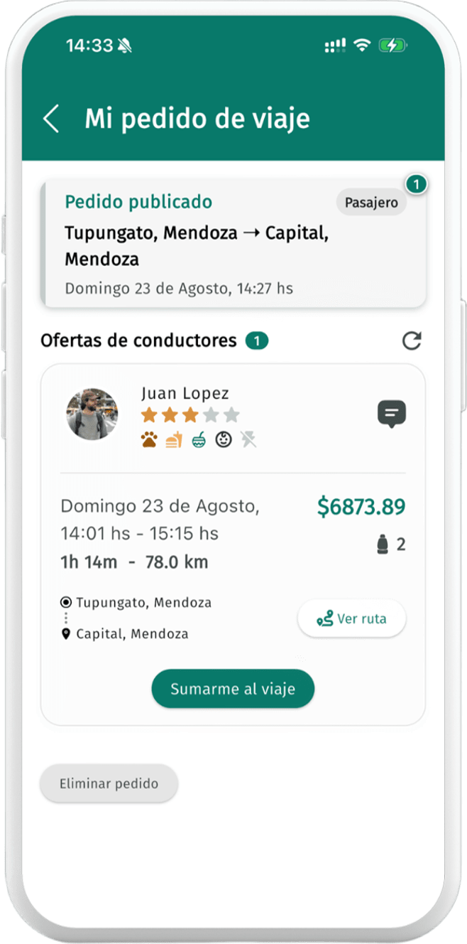 Pantalla del pedido de viaje publicado por el pasajero con las ofertas recibidas de conductores